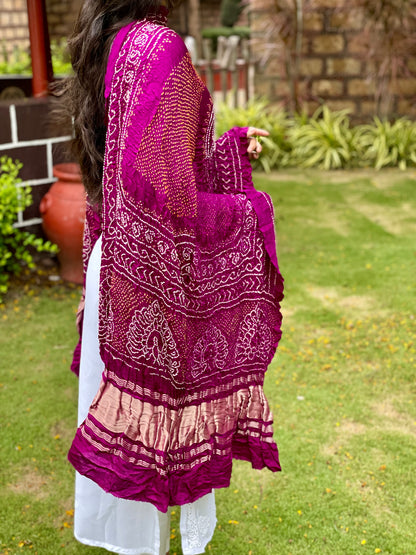 Traditional Rani pink Bandhani Gajji silk dupatta with intricate artisanal patterns
