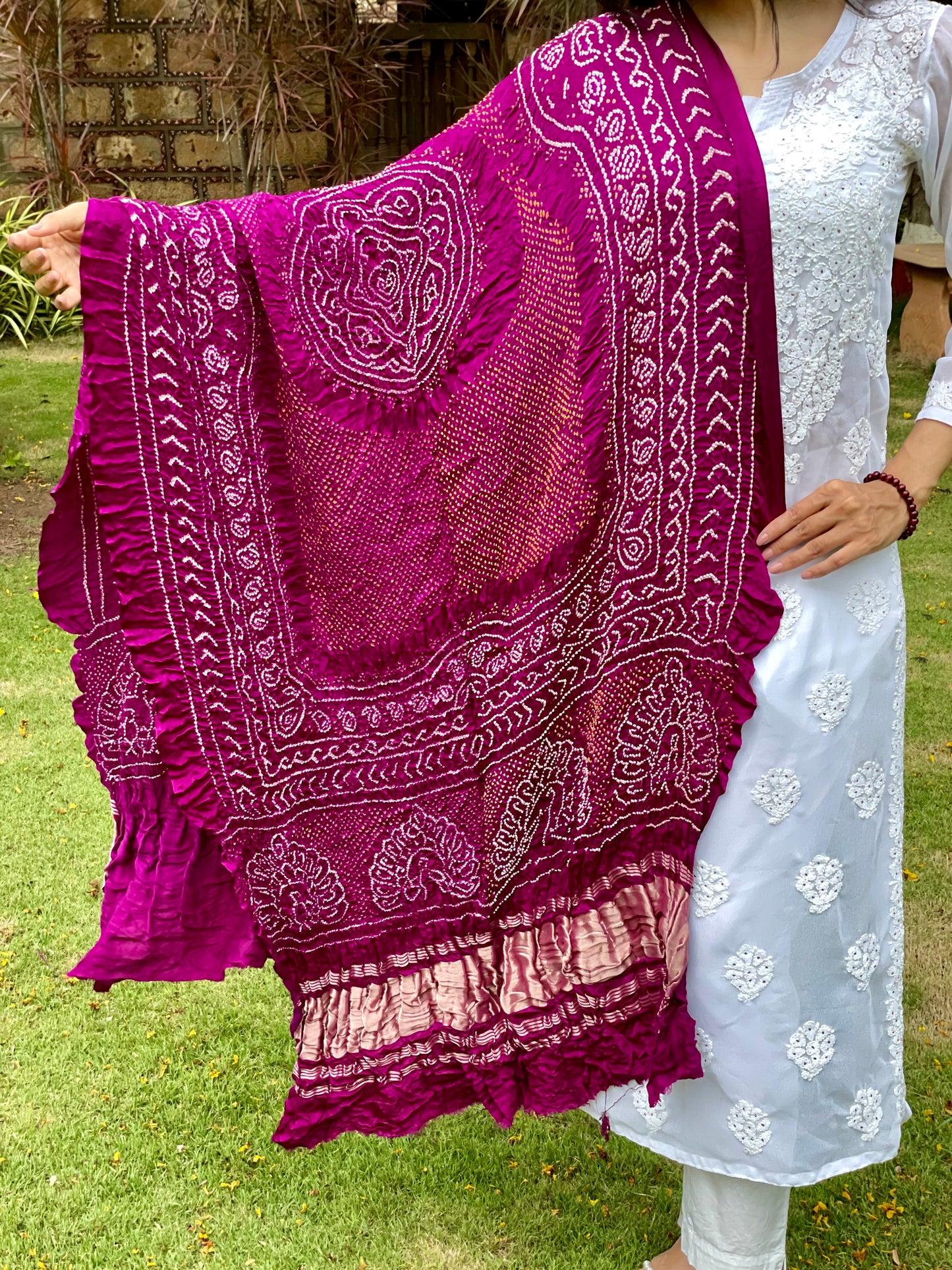 Handcrafted Rani pink Bandhani dupatta made from premium Gajji silk fabric