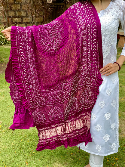Handcrafted Rani pink Bandhani dupatta made from premium Gajji silk fabric