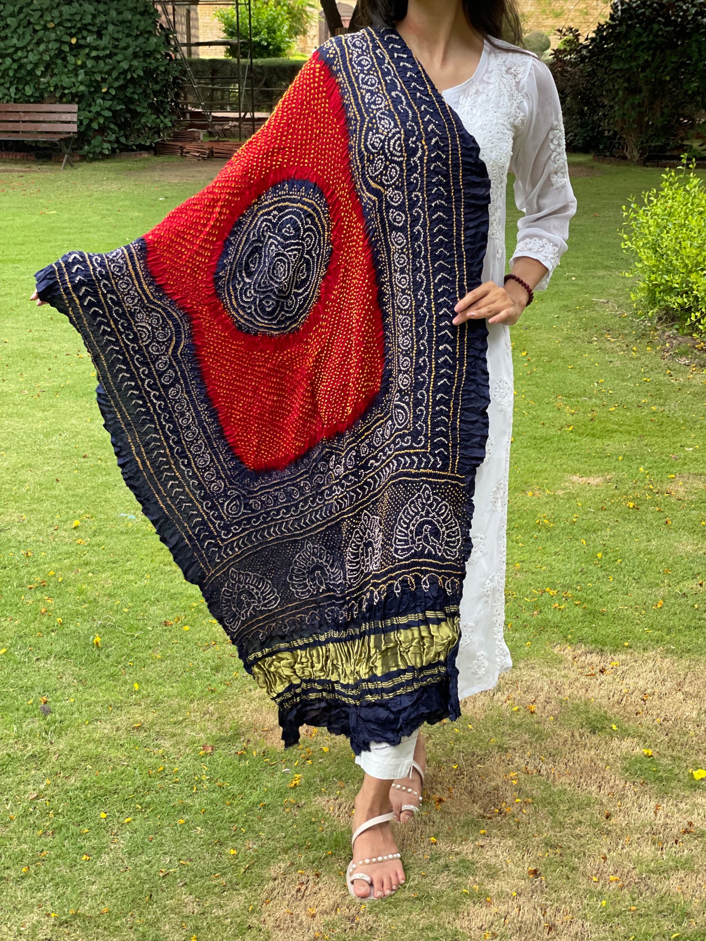 Luxurious red and ink blue Bandhani dupatta crafted in soft and lustrous Gajji silk