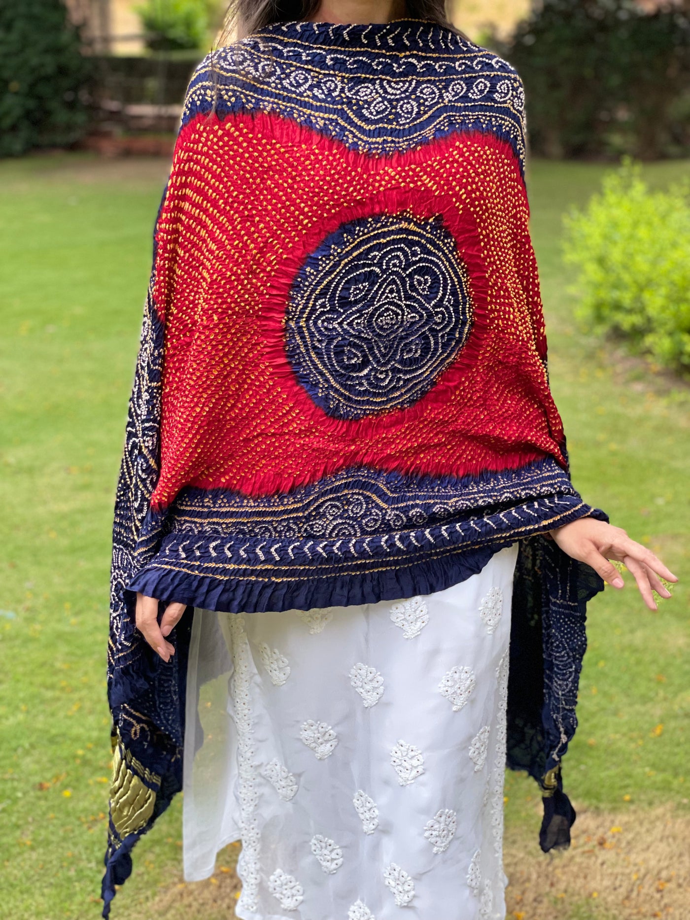 Traditional red and ink blue Bandhani Gajji silk dupatta with intricate artisanal patterns