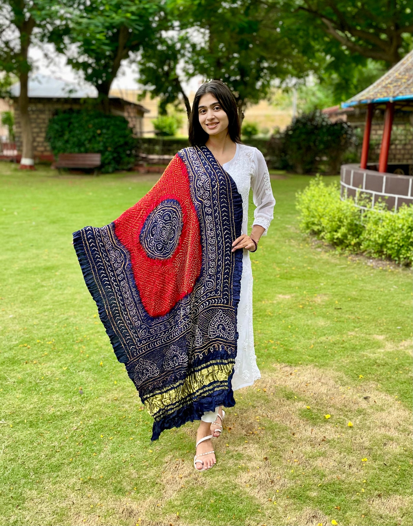 Handcrafted red and ink blue Bandhani dupatta made from premium Gajji silk fabric