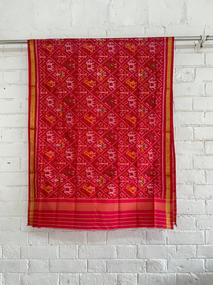 Red Patola Single Ikkat dupatta featuring intricate woven motifs and traditional artisan craftsmanship