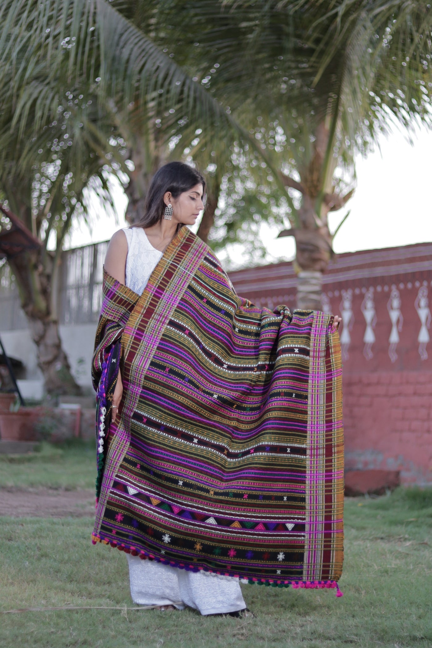 Regal stripe handwoven woolen shawl featuring sophisticated striped patterns and artisan craftsmanship