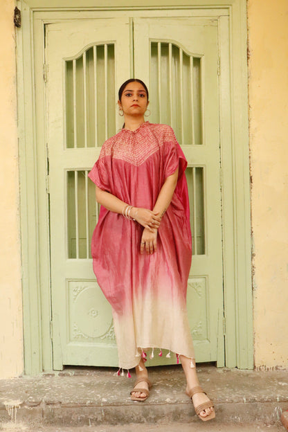 Rose bloom Bandhani Shibori silk kaftan showcasing intricate handcrafted resist-dye patterns and elegant drape