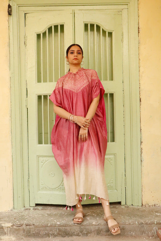 Rose bloom Bandhani Shibori silk kaftan showcasing intricate handcrafted resist-dye patterns and elegant drape