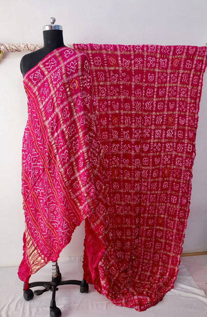 Rosewood Bandhani Gharchola Gajji silk saree featuring traditional tie-dye motifs and heritage-inspired checked patterns