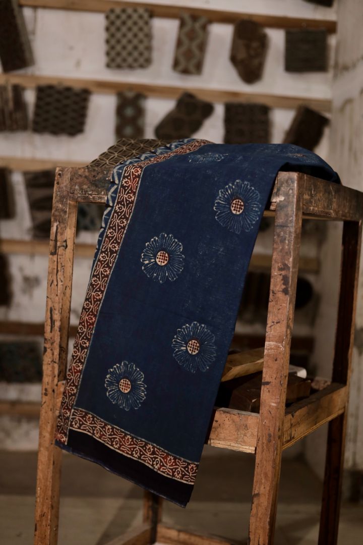 Royal blue Ajrakh mul cotton dupatta featuring intricate hand block printed motifs and soft texture