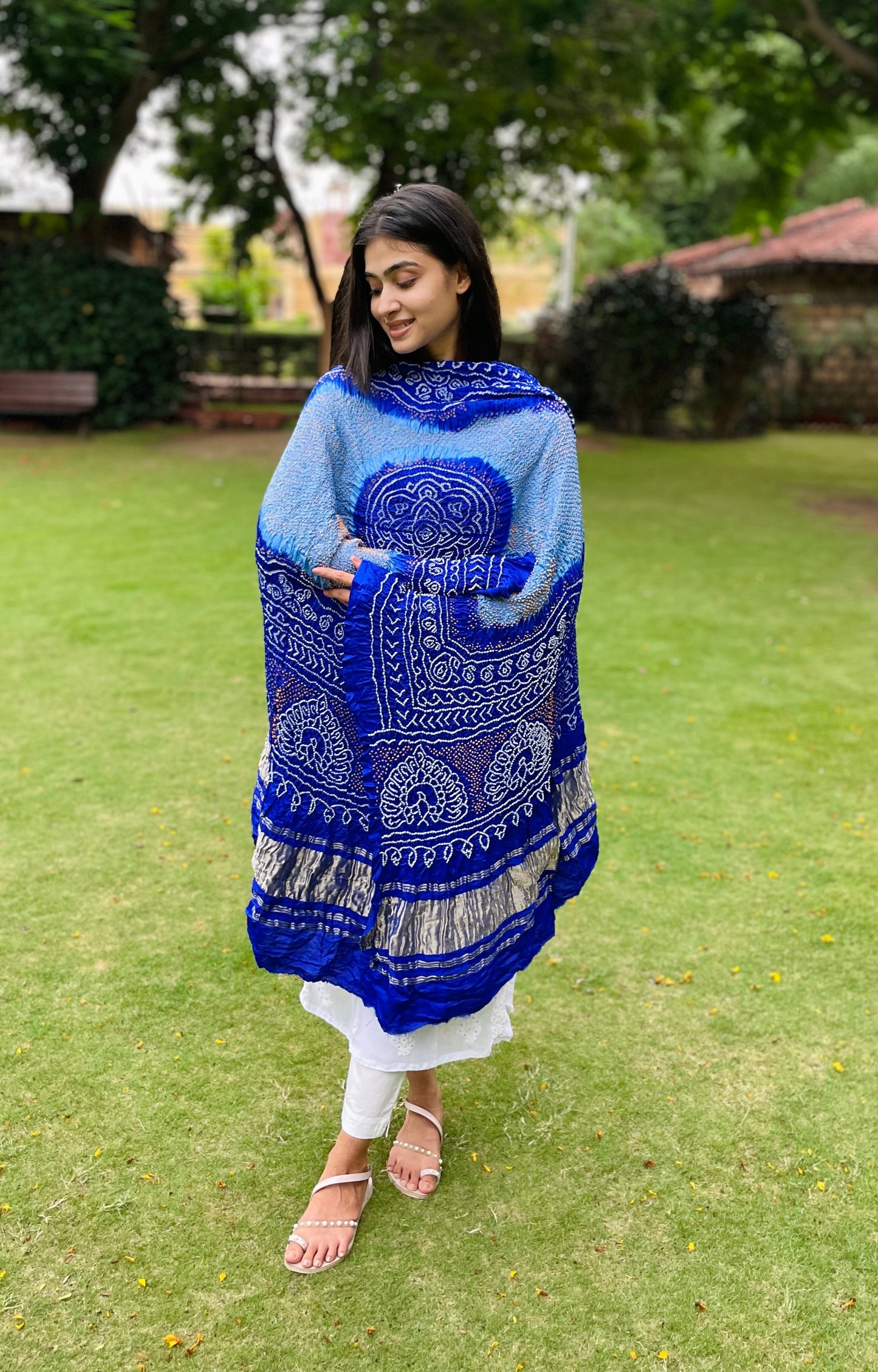 Royal blue Bandhani Gajji silk dupatta featuring traditional tie-dye craftsmanship and elegant drape