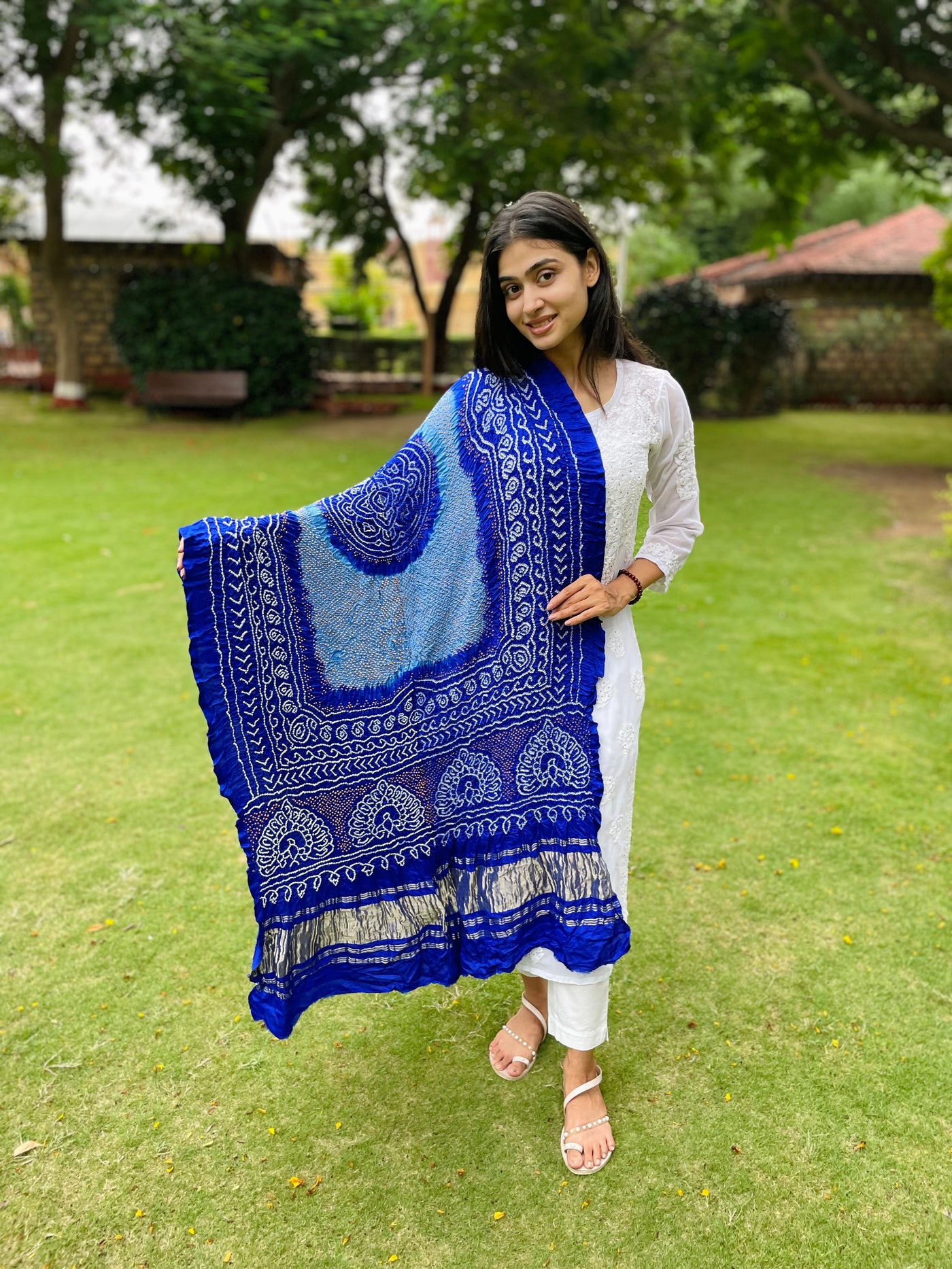 Ethnic royal blue Gajji silk dupatta showcasing authentic Bandhani work