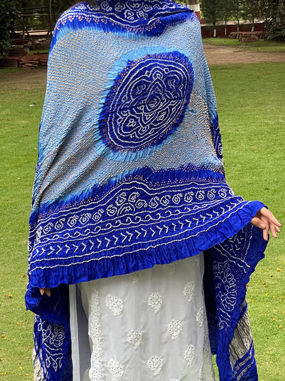 Traditional royal blue Bandhani Gajji silk dupatta with intricate artisanal patterns