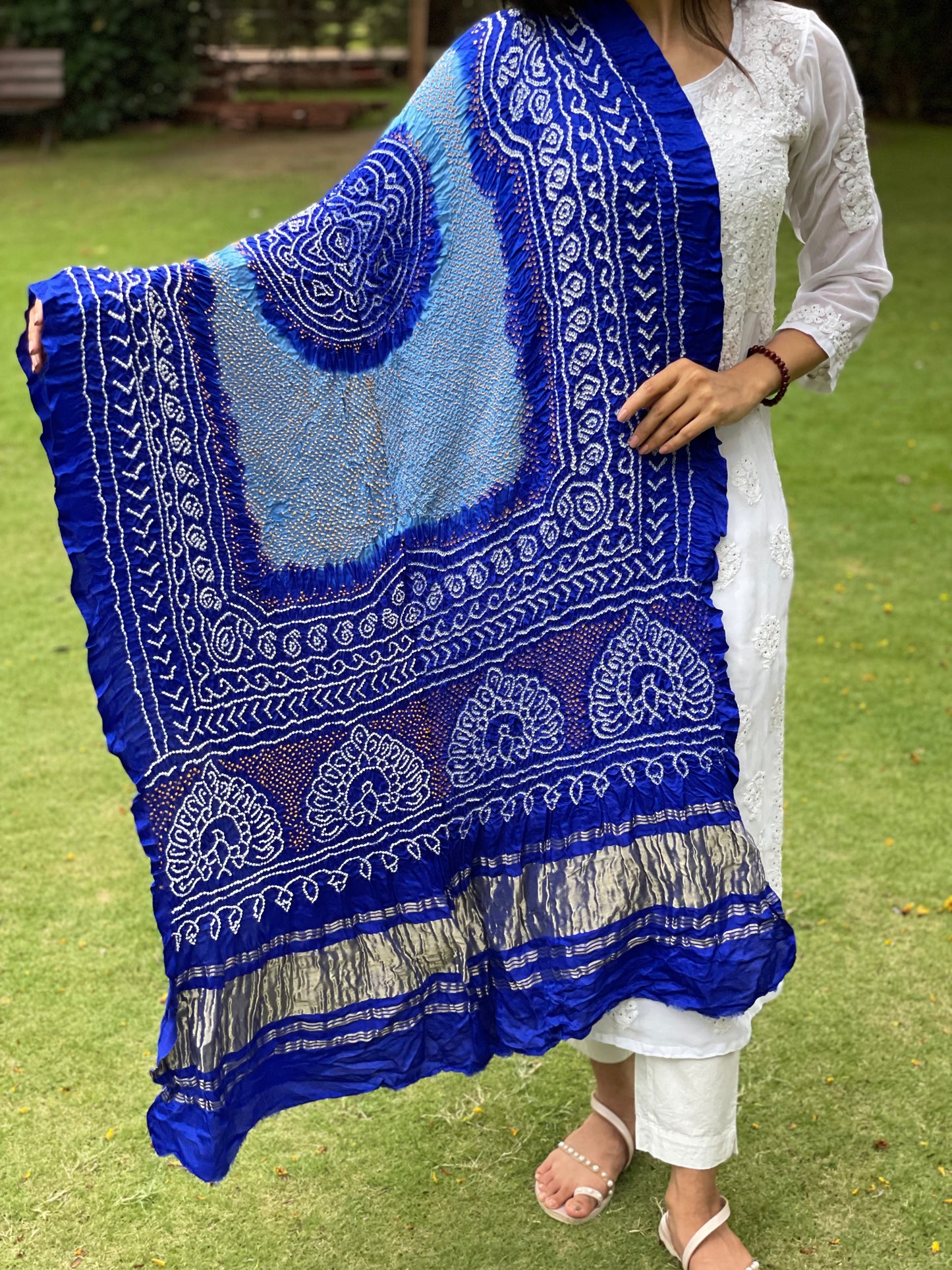 Handcrafted royal blue Bandhani dupatta made from premium Gajji silk
