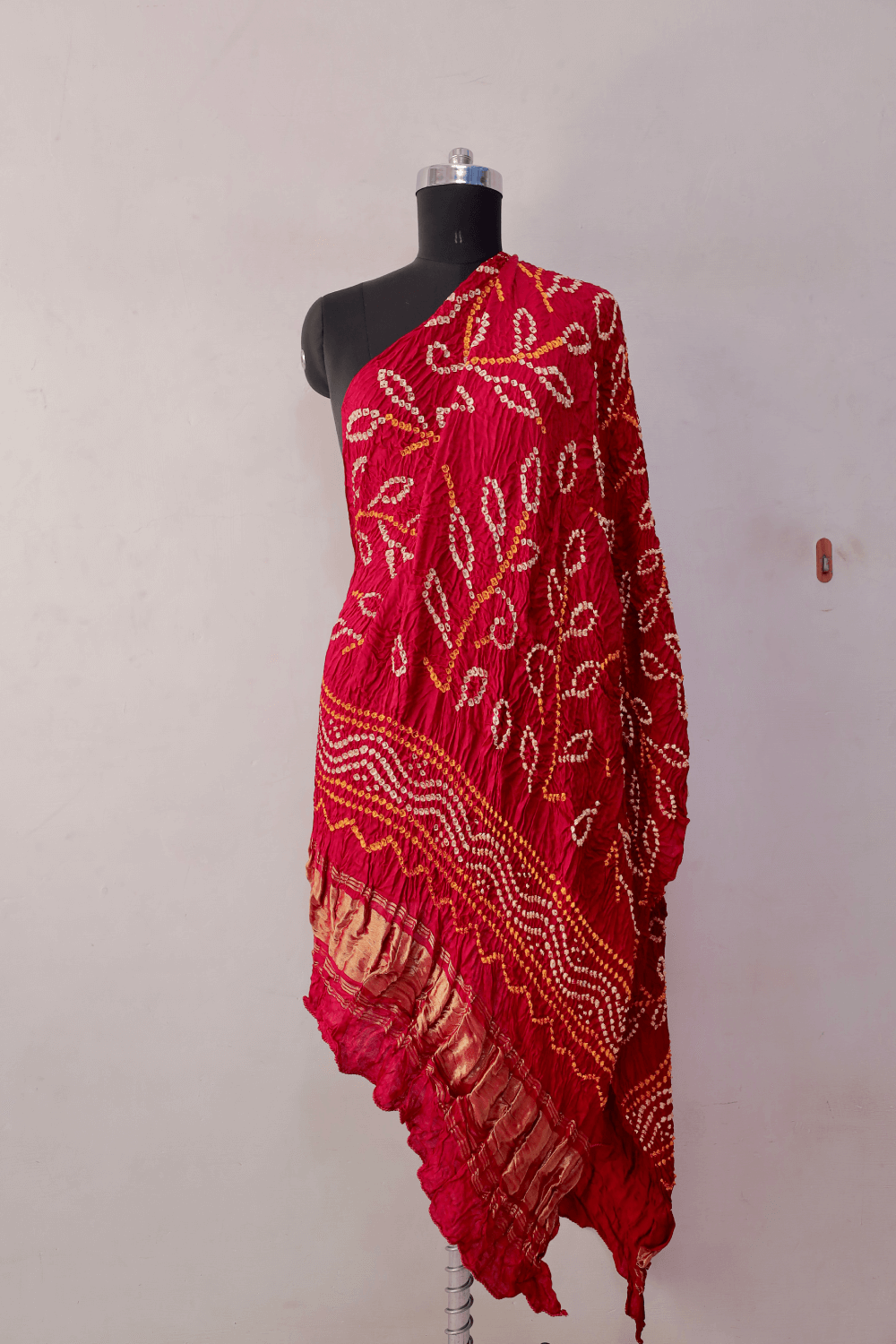 Handcrafted ruby red Bandhani dupatta made from premium modal silk fabric