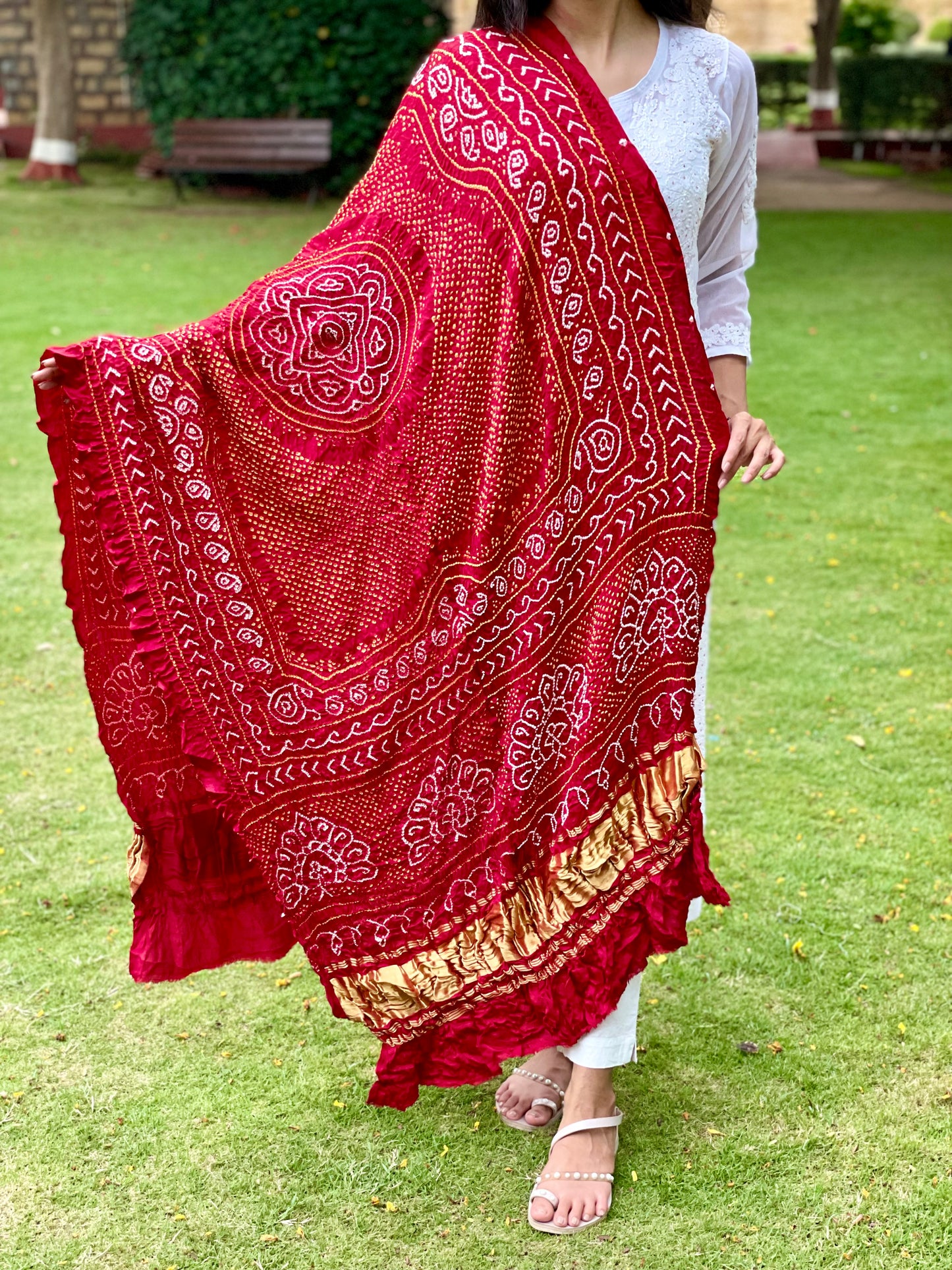 Ethnic rustic red Gajji silk dupatta showcasing authentic Bandhani artistry