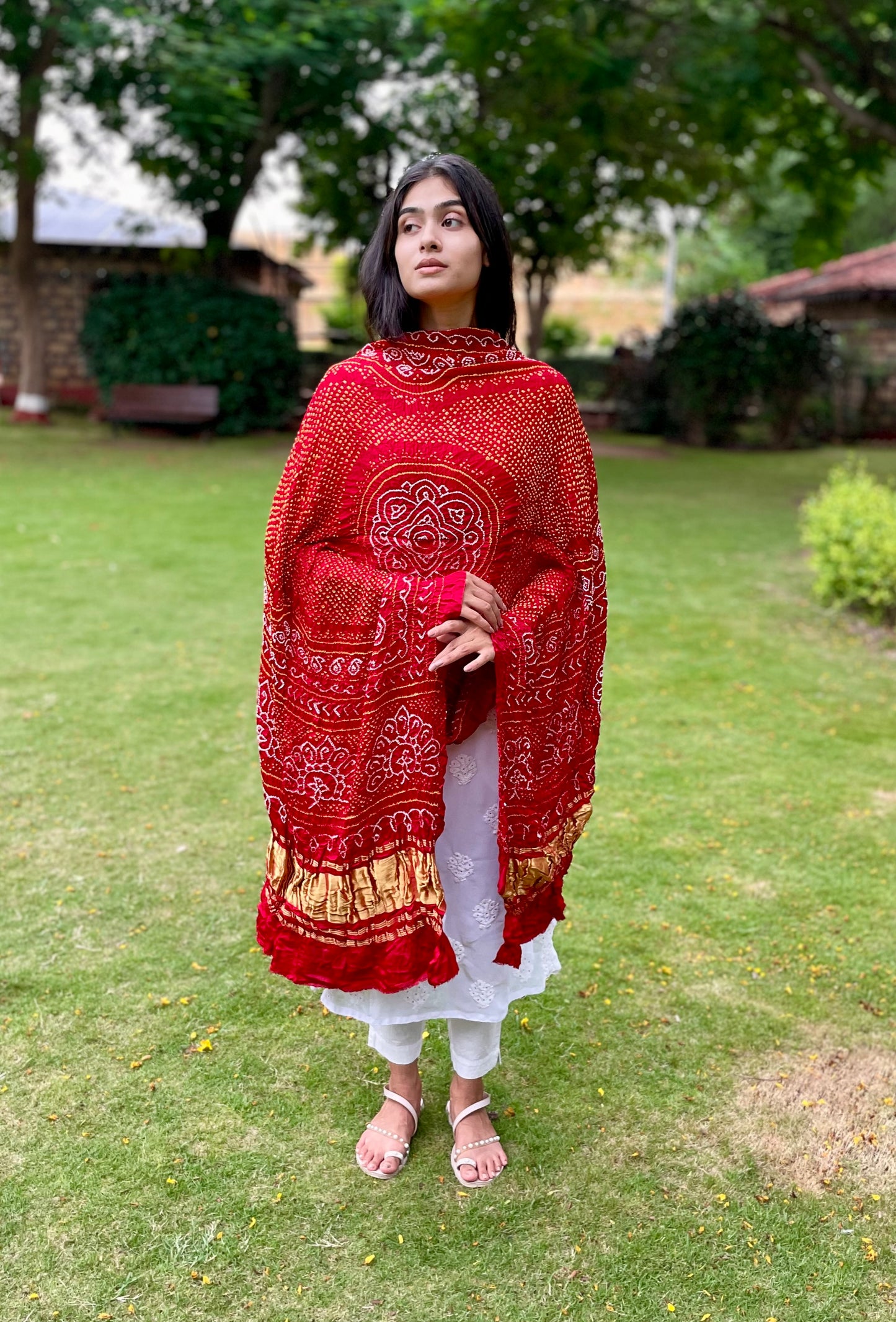 Traditional rustic red Bandhani Gajji silk dupatta with intricate artisanal patterns