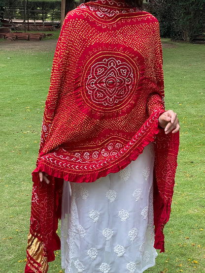Luxurious rustic red Bandhani dupatta crafted in soft and lustrous Gajji silk