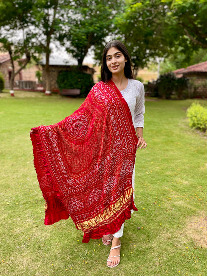 Handcrafted rustic red Bandhani dupatta made from premium Gajji silk fabric