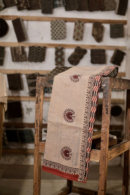 Sand beige Ajrakh mul cotton dupatta featuring intricate hand block printed motifs and soft texture