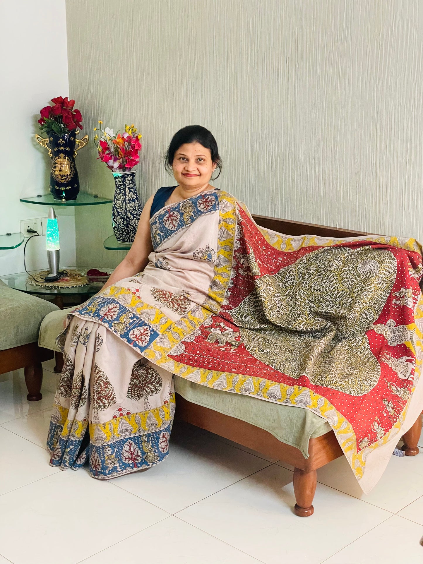 Sandstone handpainted Mata Ni Pachedi saree featuring traditional sacred motifs and intricate artisan detailing