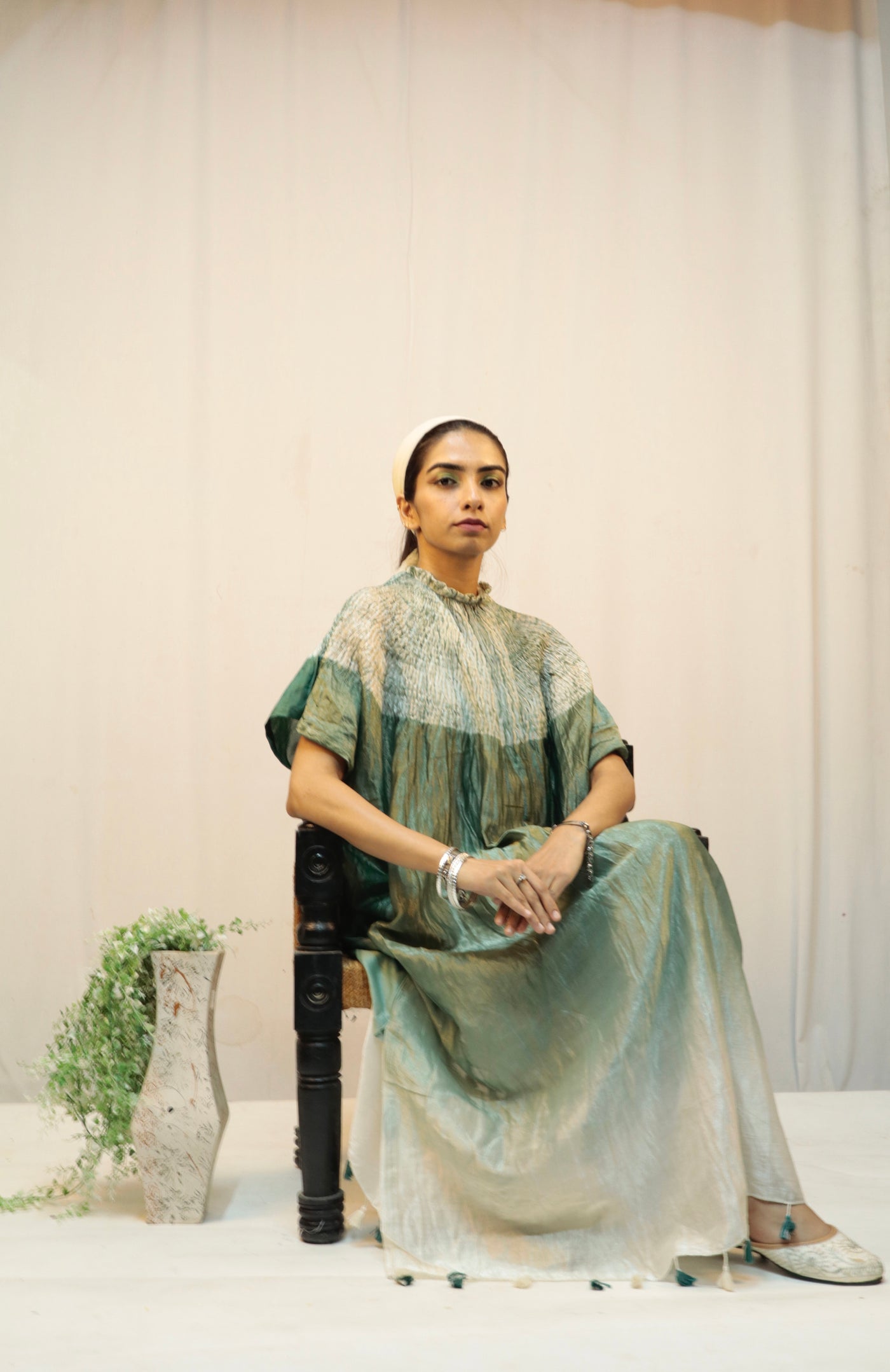 Sea fern Bandhani Shibori silk kaftan showcasing intricate handcrafted resist-dye patterns and elegant drape