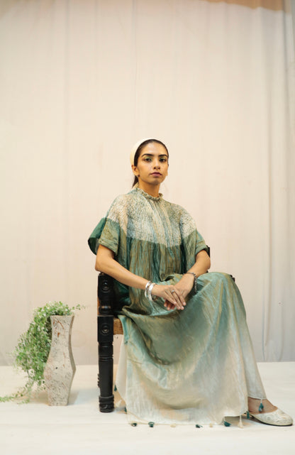 Sea fern Bandhani Shibori silk kaftan showcasing intricate handcrafted resist-dye patterns and elegant drape