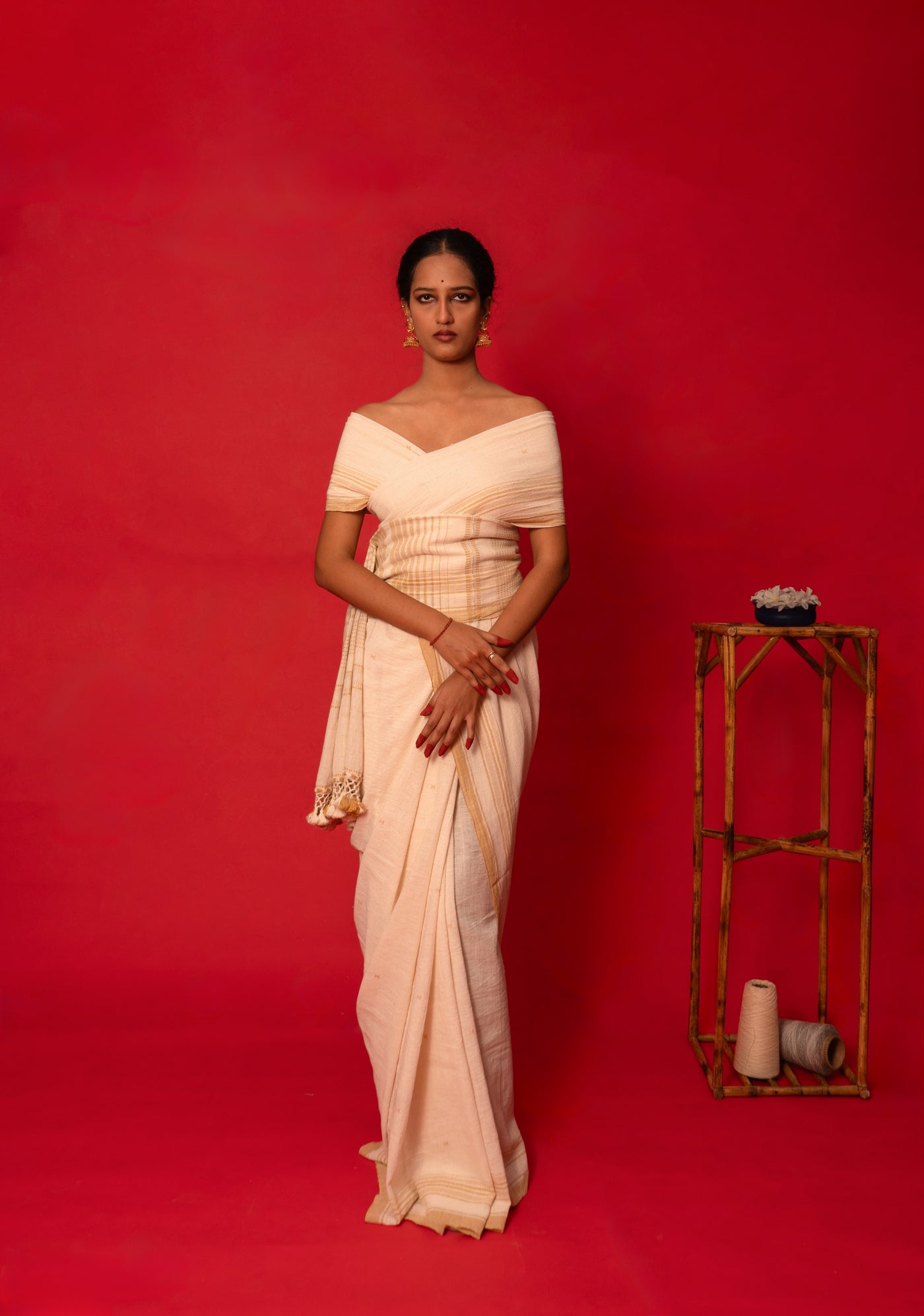 Shell Kala Cotton Bhujodi saree featuring traditional handwoven patterns and artisanal craftsmanship