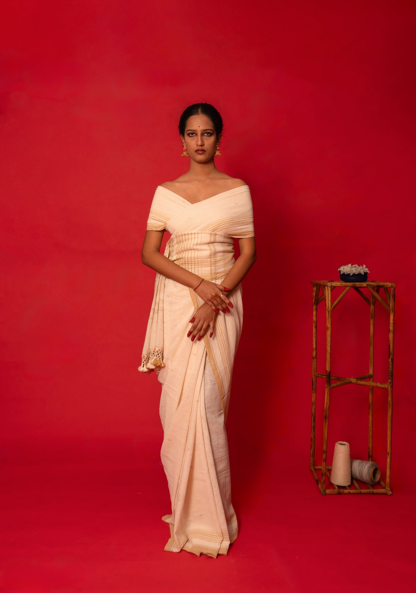 Shell Kala Cotton Bhujodi saree featuring traditional handwoven patterns and artisanal craftsmanship
