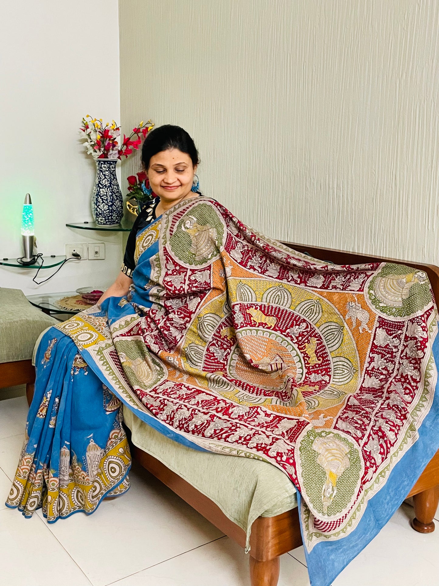 Sky gold handpainted Mata Ni Pachedi saree featuring traditional sacred motifs and intricate artisan detailing