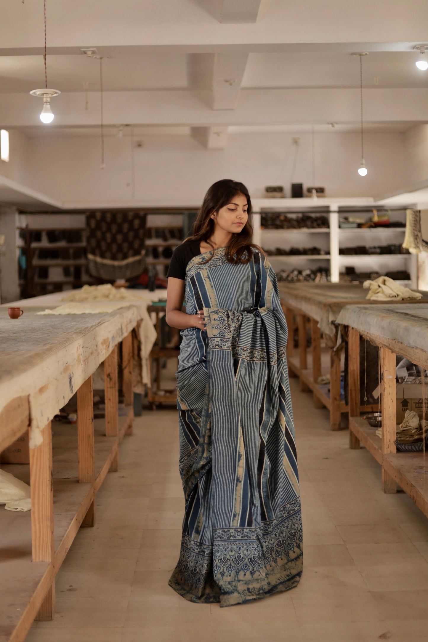 Slate blue stripe Ajrakh mul cotton saree featuring traditional hand block printed motifs and soft breathable fabric