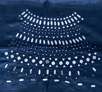 Steel blue mirror work blouse piece showcasing intricate handcrafted embellishments