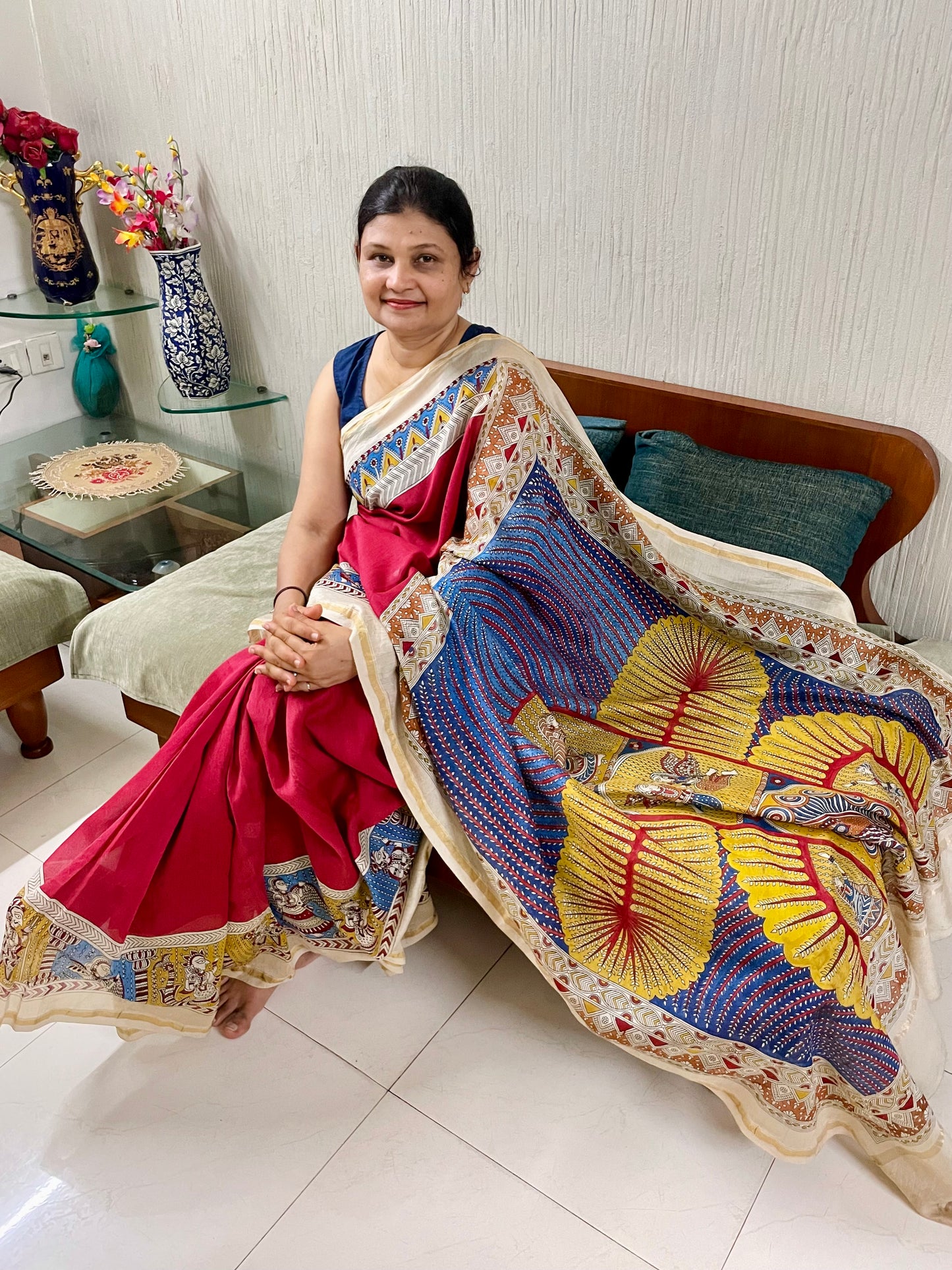 Sunburst handpainted Mata Ni Pachedi saree featuring traditional sacred motifs and intricate artisan detailing