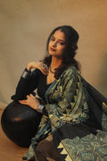 Teal Blue Ajrakh Modal Silk Saree