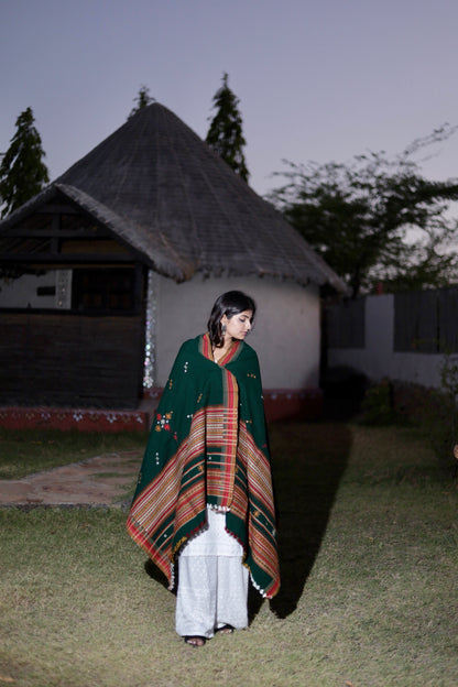 Teal handwoven woolen shawl featuring a rich texture and exceptional artisan craftsmanship