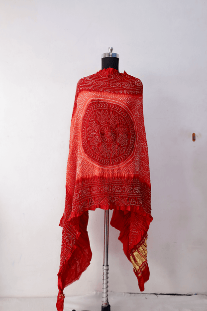 Handcrafted tomato red and orange Rai Bandhej dupatta made from premium Gajji silk
Traditional tomato red and orange Gajji silk dupatta showcasing authentic Rai Bandhej artistry