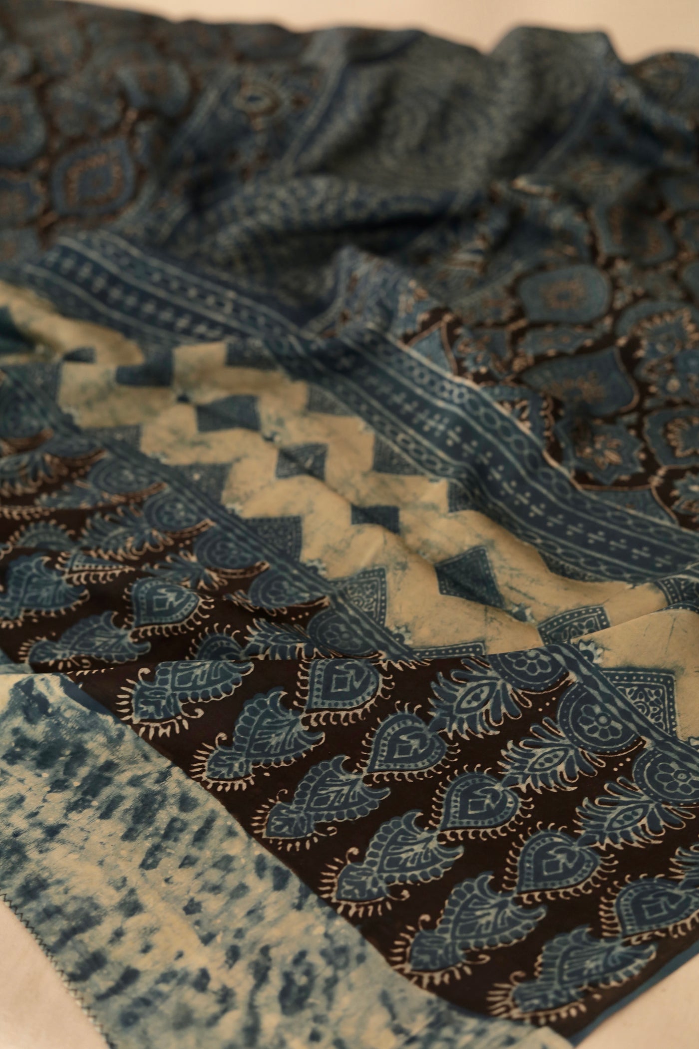 Traditional aqua blue Ajrakh modal silk dupatta showcasing authentic artisan craftsmanship
