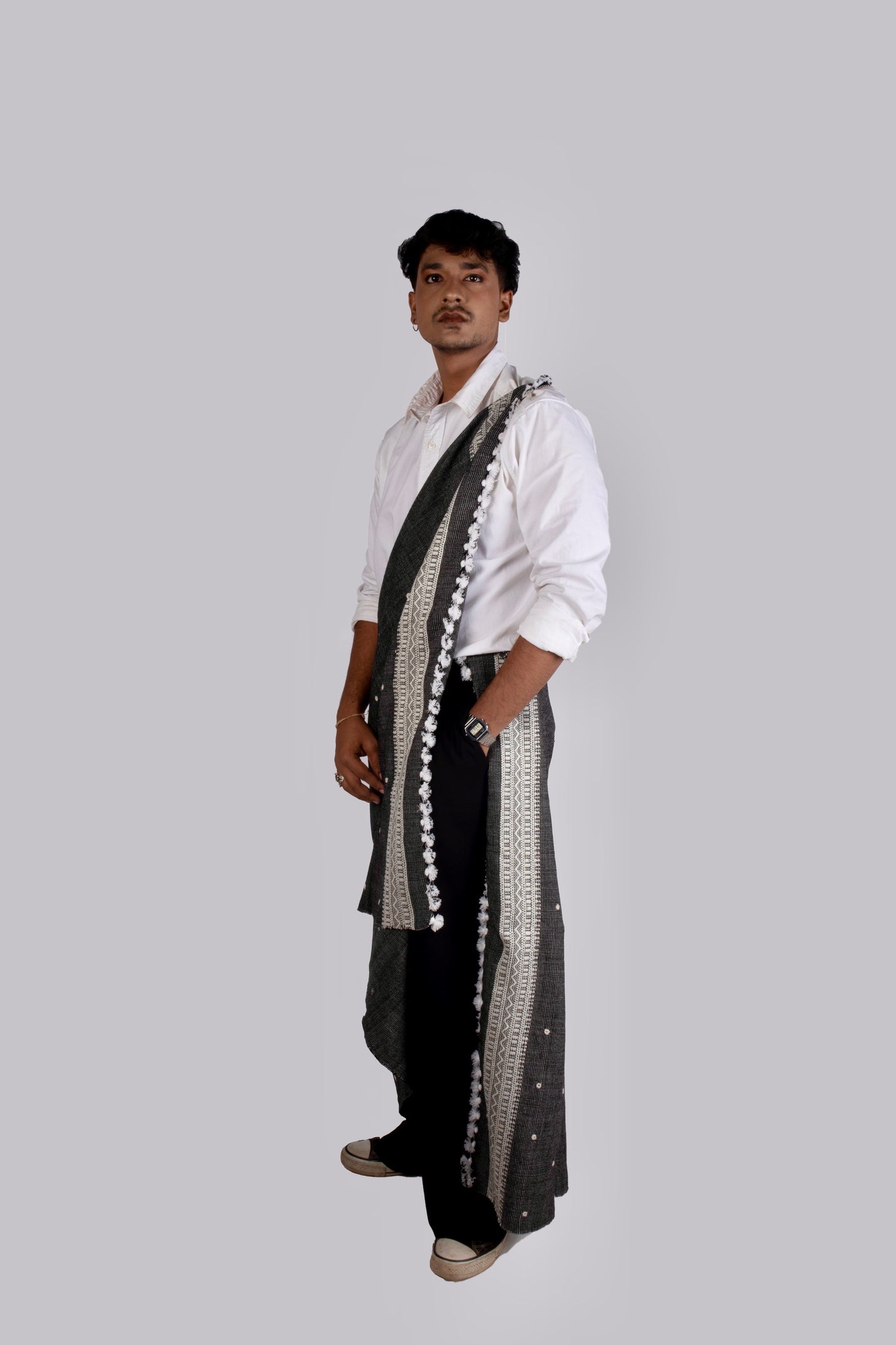 Elegant ash grey wool shawl handcrafted using traditional handloom weaving techniques