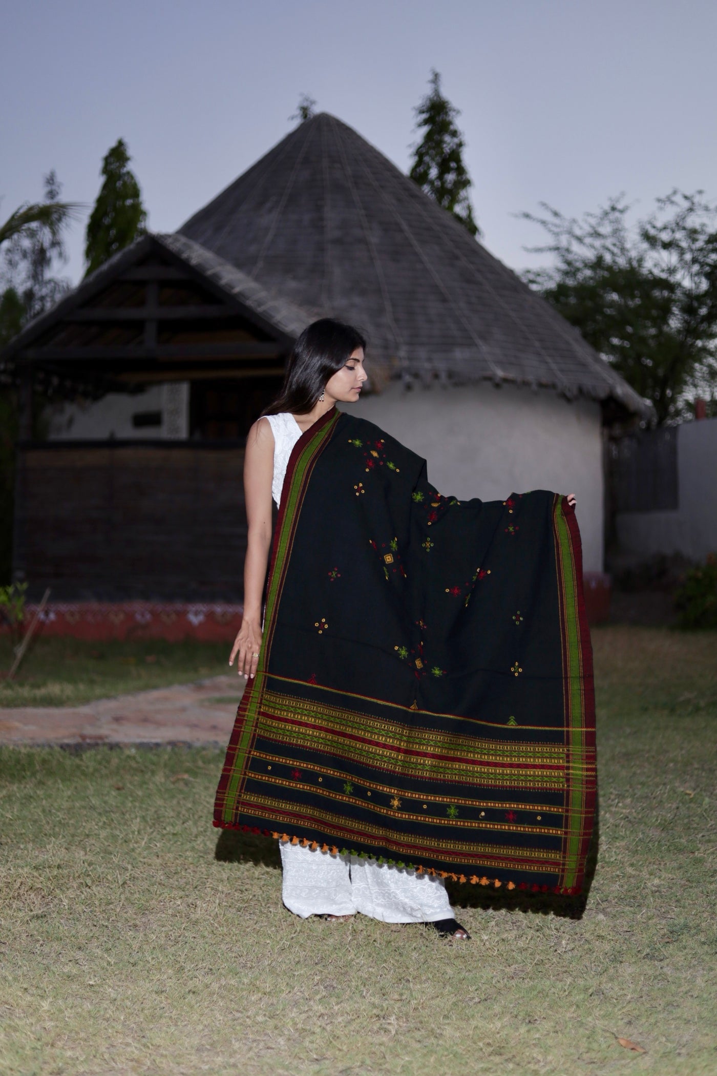 Premium handwoven woolen shawl in black with a soft touch and graceful drape