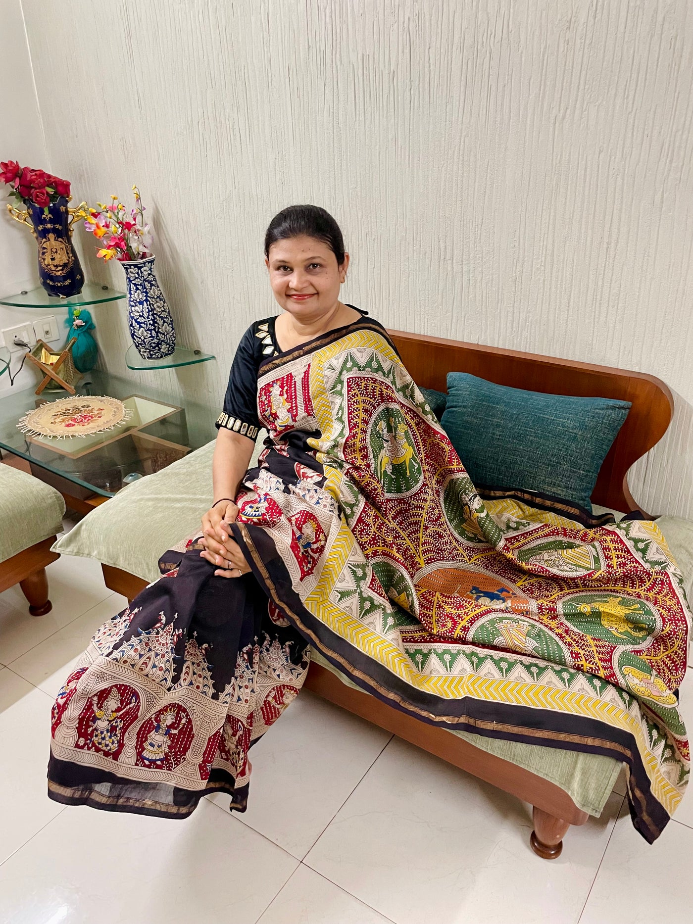 Handcrafted black Mata Ni Pachedi saree adorned with authentic handpainted designs inspired by Gujarat's folk art heritage