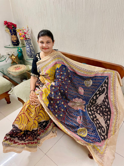 Handcrafted bloom Mata Ni Pachedi saree adorned with authentic handpainted designs inspired by Gujarat's folk art heritage