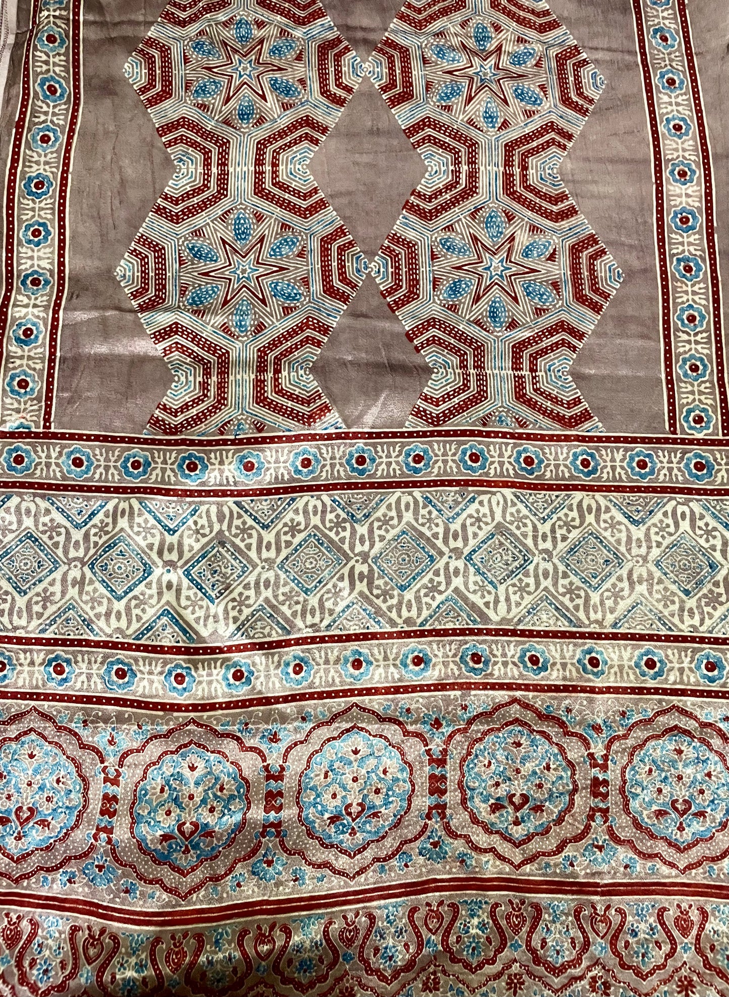 Handcrafted bronze Ajrakh stole made from premium Mashru silk fabric