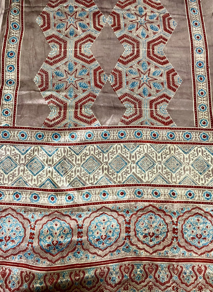 Handcrafted bronze Ajrakh stole made from premium Mashru silk fabric