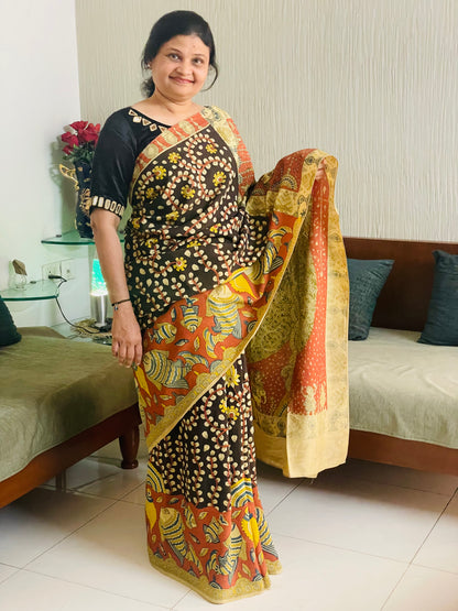 Handcrafted bronze Mata Ni Pachedi saree adorned with authentic handpainted designs inspired by Gujarat's folk art heritage