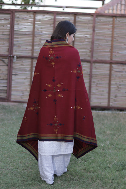 Premium handwoven woolen shawl in burgundy with a soft feel and luxurious drape
