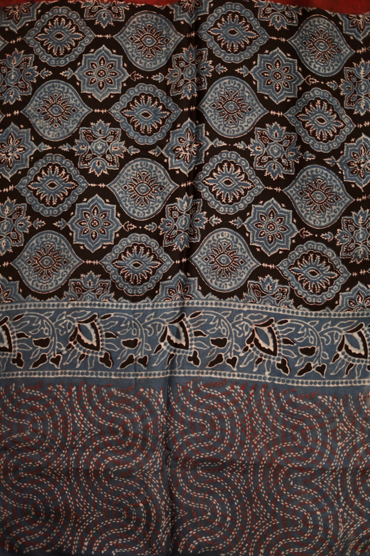 Premium charcoal grey Ajrakh dupatta with heritage block print motifs and luxurious texture