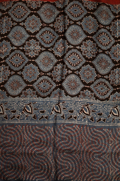 Premium charcoal grey Ajrakh dupatta with heritage block print motifs and luxurious texture