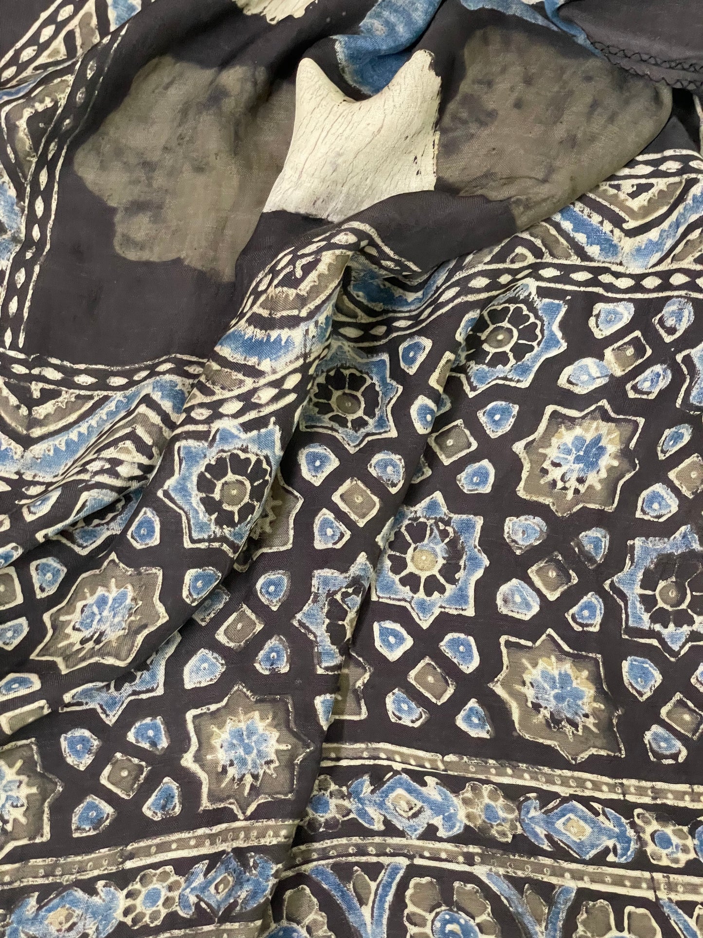 Ethnic dark olive green modal silk stole adorned with detailed Ajrakh-inspired patterns