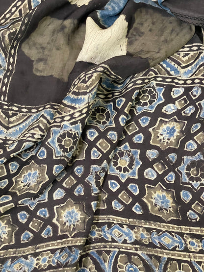 Ethnic dark olive green modal silk stole adorned with detailed Ajrakh-inspired patterns