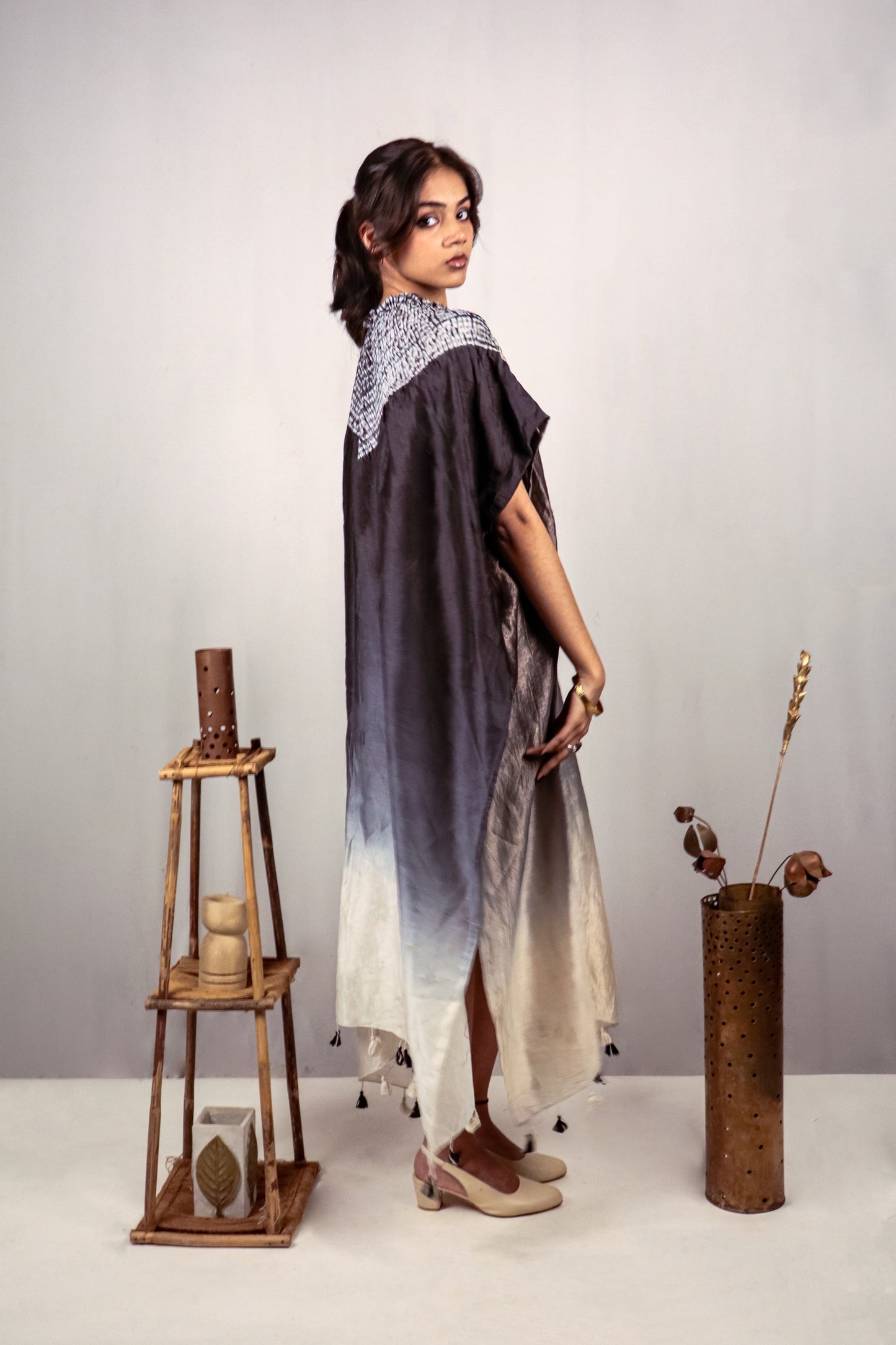 Premium silk kaftan in deep black tones adorned with detailed Bandhani Shibori patterns