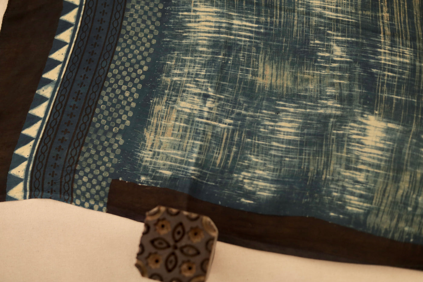 Traditional dusty indigo Ajrakh modal silk dupatta showcasing authentic artisan craftsmanship