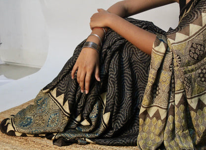 Premium espresso brown modal silk saree with heritage-inspired Ajrakh designs and fluid texture